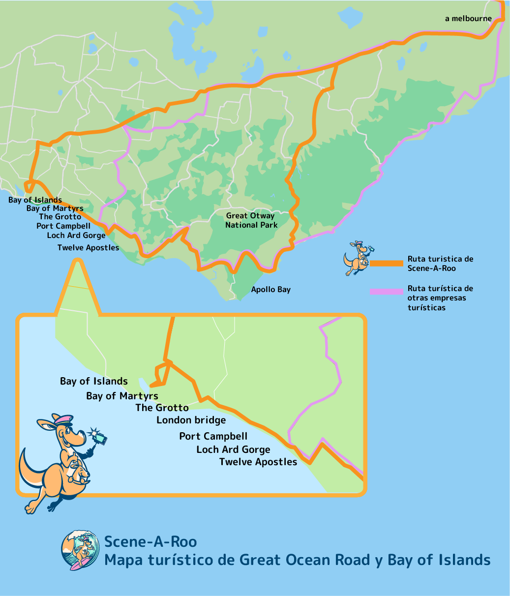 Scene-A-Roo tour Mapa turístico de Great Ocean Road y Bay of Islands